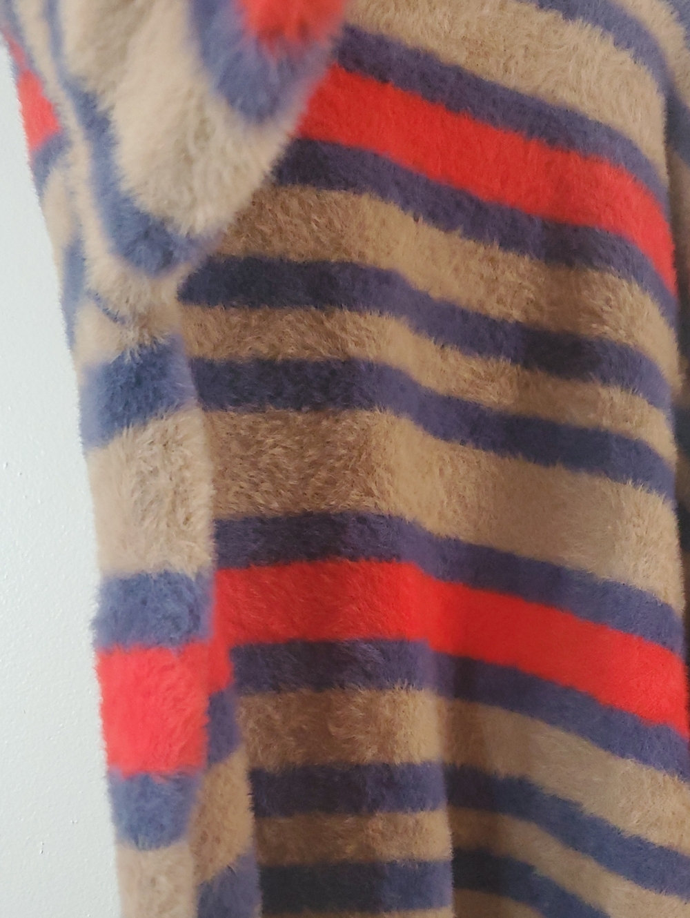 Aerie Flurry Crew Cozy Striped Fuzzy Sweater Tan, Navy & Red Size XS Oversized - Picture 8 of 16